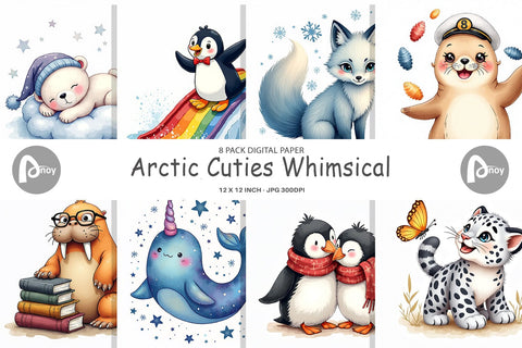 Digital Paper Arctic Cuties Whimsical Watercolor Digital Pattern artnoy 