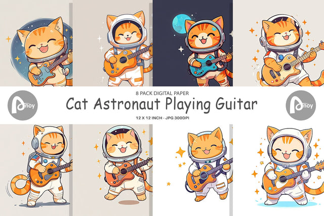 Digital Paper Astronaut Cat with Guitar Digital Pattern artnoy 