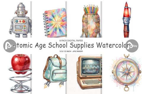 Digital Paper Atomic Age School Supplies Watercolor Digital Pattern artnoy 