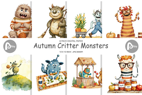 Digital Paper Autumn Critter Monsters Digital Pattern artnoy 