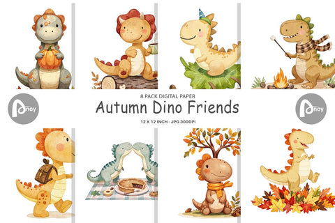 Digital Paper Autumn Dino Friends Digital Pattern artnoy 