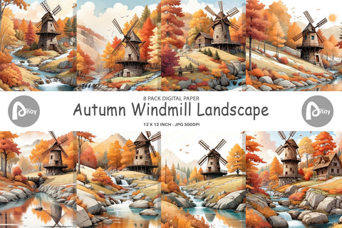 Digital Paper Autumn Windmill Landscape Digital Pattern artnoy 