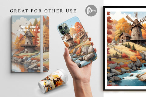 Digital Paper Autumn Windmill Landscape Digital Pattern artnoy 