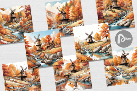 Digital Paper Autumn Windmill Landscape Digital Pattern artnoy 