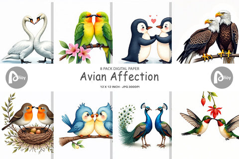 Digital Paper Avian Affection Watercolor Bird Couples Digital Pattern artnoy 