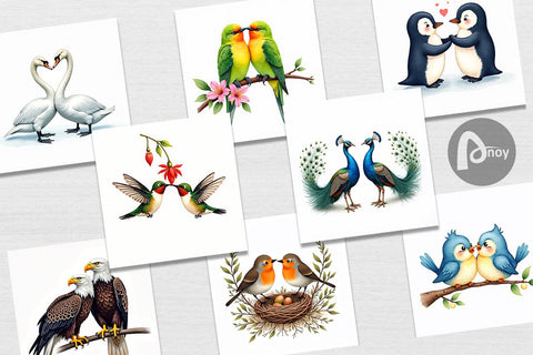 Digital Paper Avian Affection Watercolor Bird Couples Digital Pattern artnoy 