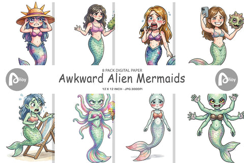 Digital Paper Awkward Alien Mermaids Digital Pattern artnoy 