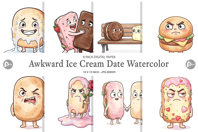 Digital Paper Awkward Ice Cream Date Watercolor Digital Pattern artnoy 