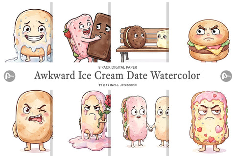 Digital Paper Awkward Ice Cream Date Watercolor Digital Pattern artnoy 