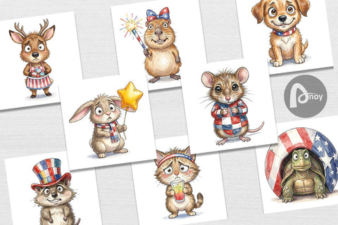 Digital Paper Awkward Patriotic Animals Watercolor Sublimation artnoy 