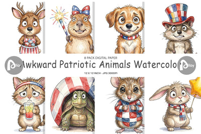 Digital Paper Awkward Patriotic Animals Watercolor Sublimation artnoy 