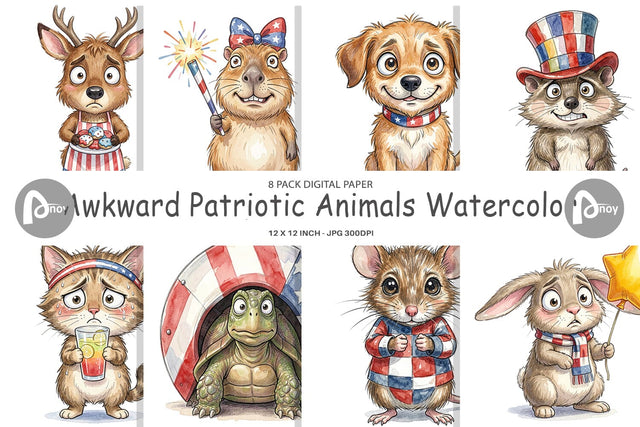Digital Paper Awkward Patriotic Animals Watercolor Sublimation artnoy 