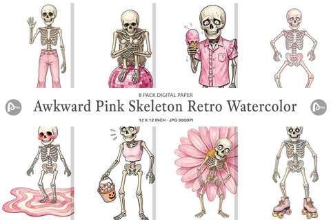 Digital Paper Awkward Pink Skeleton Retro Watercolor Digital Pattern artnoy 