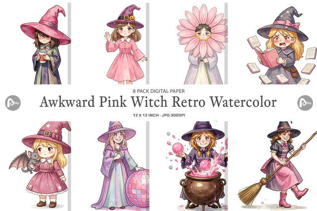 Digital Paper Awkward Pink Witch Retro Watercolor Digital Pattern artnoy 