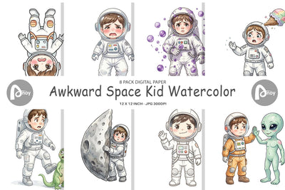 Digital Paper Awkward Space Kid Watercolor Sublimation artnoy 