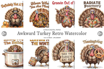 Digital Paper Awkward Turkey Retro Watercolor Digital Pattern artnoy 