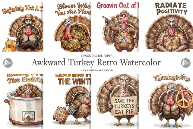 Digital Paper Awkward Turkey Retro Watercolor Digital Pattern artnoy 