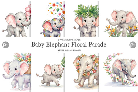 Digital Paper Baby Elephant Floral Parade Watercolor Digital Pattern artnoy 