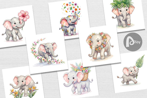 Digital Paper Baby Elephant Floral Parade Watercolor Digital Pattern artnoy 
