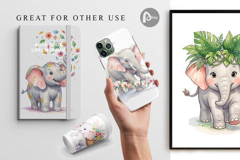 Digital Paper Baby Elephant Floral Parade Watercolor Digital Pattern artnoy 