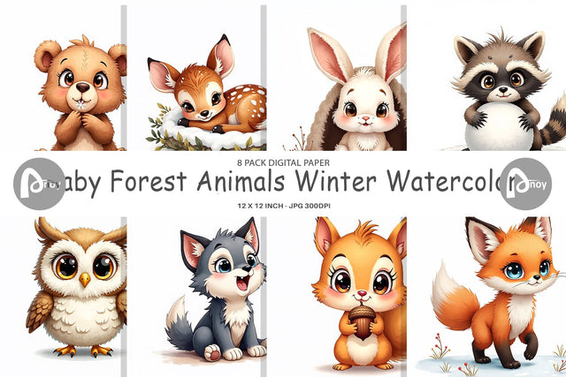 Digital Paper Baby Forest Animals Winter Watercolor Digital Pattern artnoy 