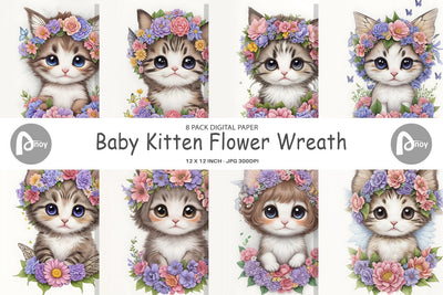 Digital Paper Baby Kitten Flower Wreath Digital Pattern artnoy 