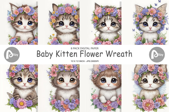 Digital Paper Baby Kitten Flower Wreath Digital Pattern artnoy 