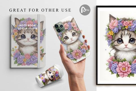 Digital Paper Baby Kitten Flower Wreath Digital Pattern artnoy 