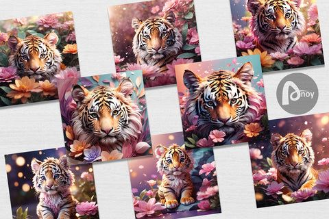 Digital Paper Baby Tiger and Flower Digital Pattern artnoy 