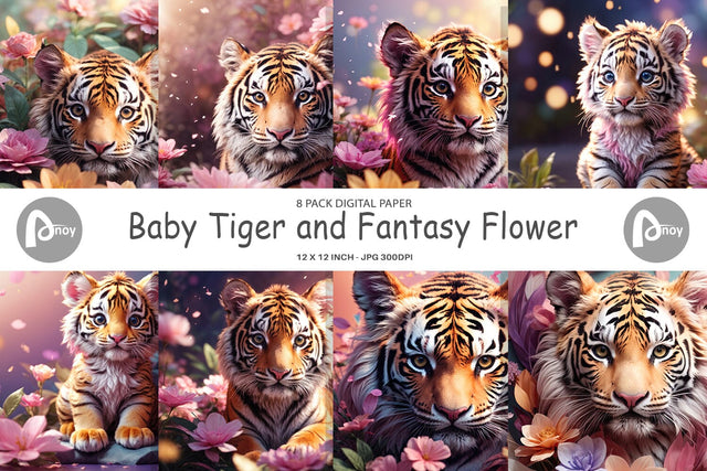 Digital Paper Baby Tiger and Flower Digital Pattern artnoy 