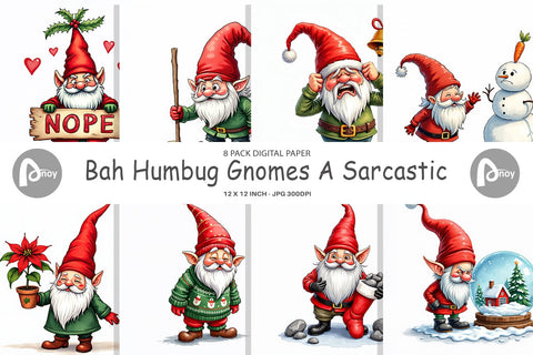 Digital Paper Bah Humbug Gnomes: A Sarcastic Watercolor Digital Pattern artnoy 