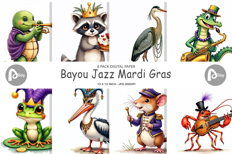 Digital Paper Bayou Jazz Mardi Gras Animals Watercolor Digital Pattern artnoy 