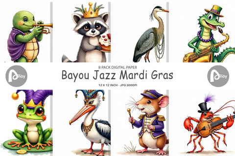 Digital Paper Bayou Jazz Mardi Gras Animals Watercolor Digital Pattern artnoy 