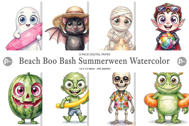 Digital Paper Beach Boo Bash Summerween Watercolor Digital Pattern artnoy 
