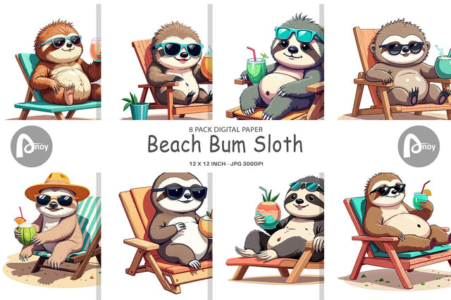 Digital Paper Beach Bum Sloth Digital Pattern artnoy 