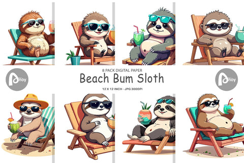 Digital Paper Beach Bum Sloth Digital Pattern artnoy 