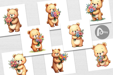 Digital Paper Bear Spring Bouquet Digital Pattern artnoy 