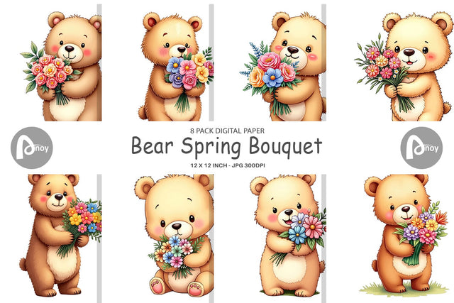Digital Paper Bear Spring Bouquet Digital Pattern artnoy 