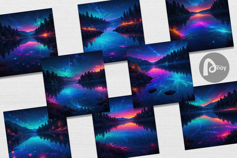 Digital Paper Beautiful Lake at Night Digital Pattern artnoy 