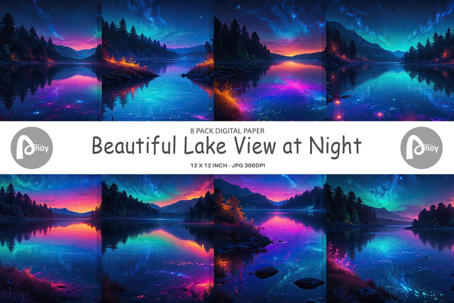 Digital Paper Beautiful Lake at Night Digital Pattern artnoy 