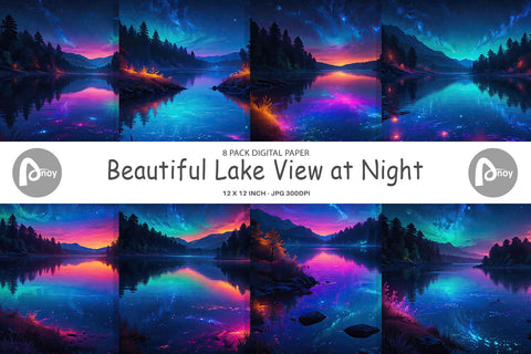 Digital Paper Beautiful Lake at Night Digital Pattern artnoy 