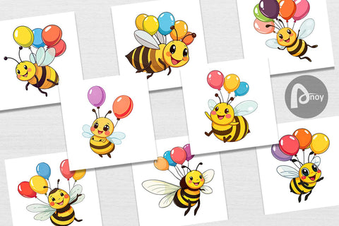 Digital Paper Bee with Balloons Digital Pattern artnoy 