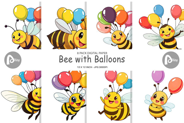 Digital Paper Bee with Balloons Digital Pattern artnoy 