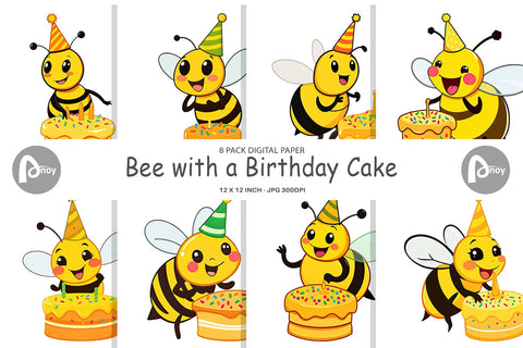 Digital Paper Bee with Birthday Cake Digital Pattern artnoy 