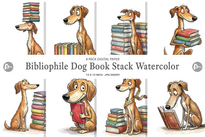 Digital Paper Bibliophile Dog Book Stack Watercolor Digital Pattern artnoy 