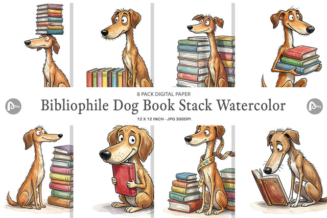 Digital Paper Bibliophile Dog Book Stack Watercolor Digital Pattern artnoy 