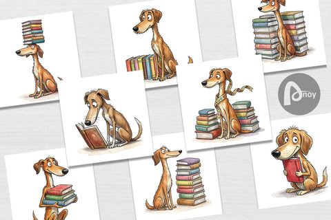 Digital Paper Bibliophile Dog Book Stack Watercolor Digital Pattern artnoy 