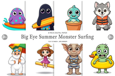 Digital Paper Big Eye Summer Monster Surfing Digital Pattern artnoy 