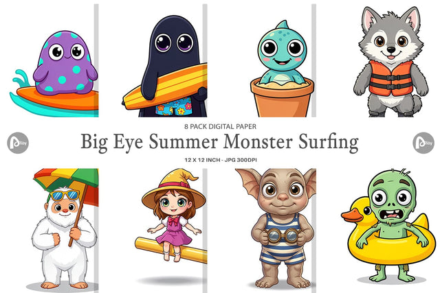 Digital Paper Big Eye Summer Monster Surfing Digital Pattern artnoy 