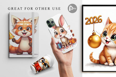 Digital Paper Big-Eyed New Year's Animal Party 2026 Digital Pattern artnoy 